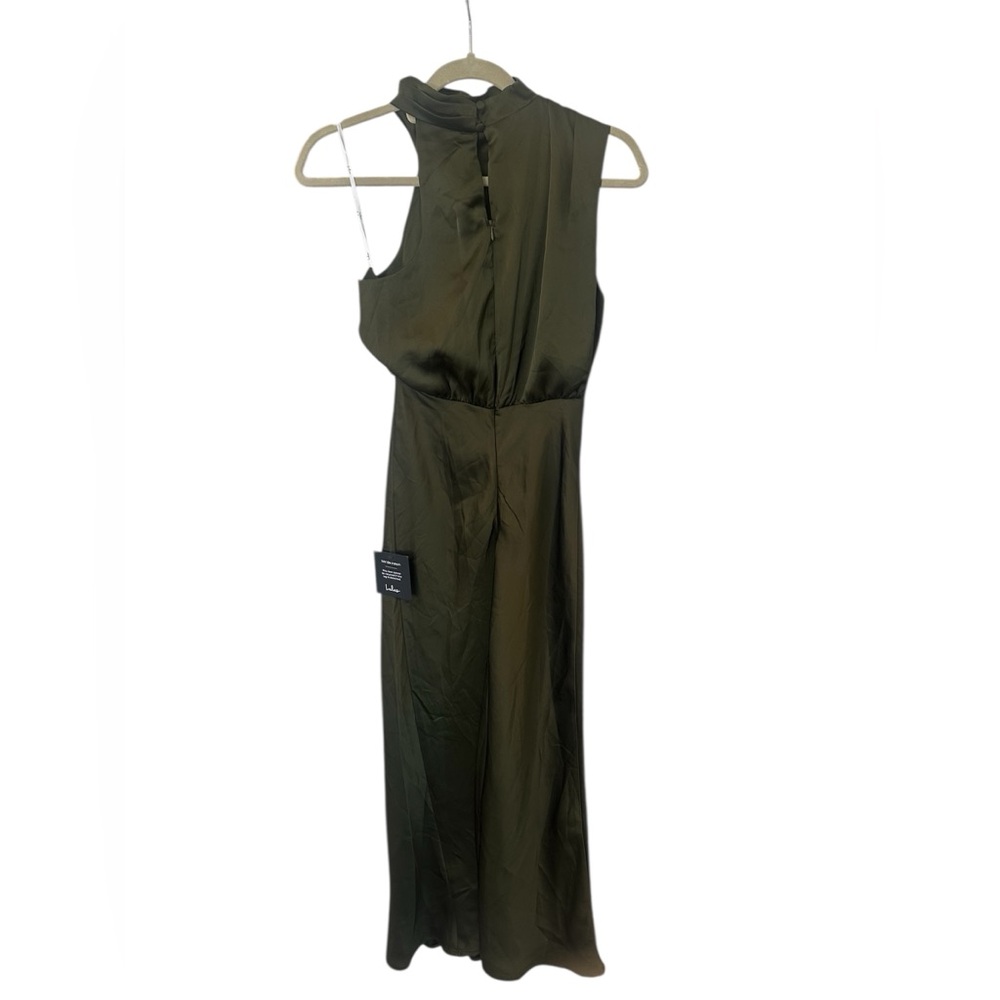 NWT Lulu's Distinctive Charm Olive Green Satin Asymmetrical Midi Dress - Picture 7 of 9